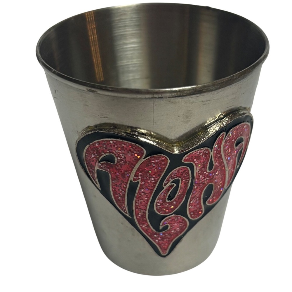 Aloha Heart Stainless Steel Shot Glass Pink Glitter Hawaii Souvenir Silver